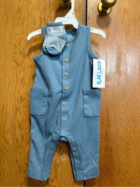 Carter's Light Blue Ribbed Button Romper with Matching Socks